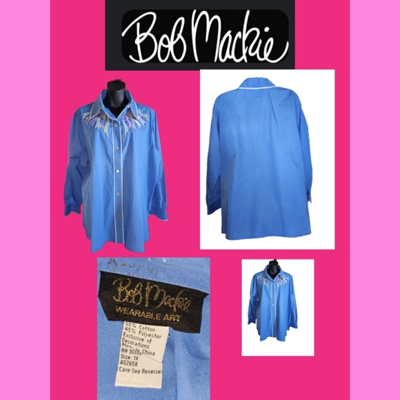 Bob Mackie Tops - BOB MACKIE WEARABLE ART BLUE RIBBONED SPECIAL EDITION VINTAGE SHIRT SIZE 1X